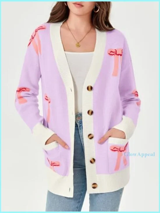 Oversized V-Neck Cardigan Sweater with Bow Print, Loose Knit, Button Front - Picture 3 of 7